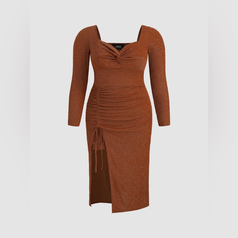 Solid Twisted Drawstring Sequin Split Midi Dress